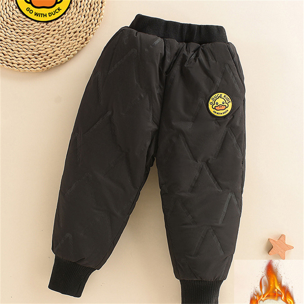 Winter plush yellow duck woven trousers for boys and girls