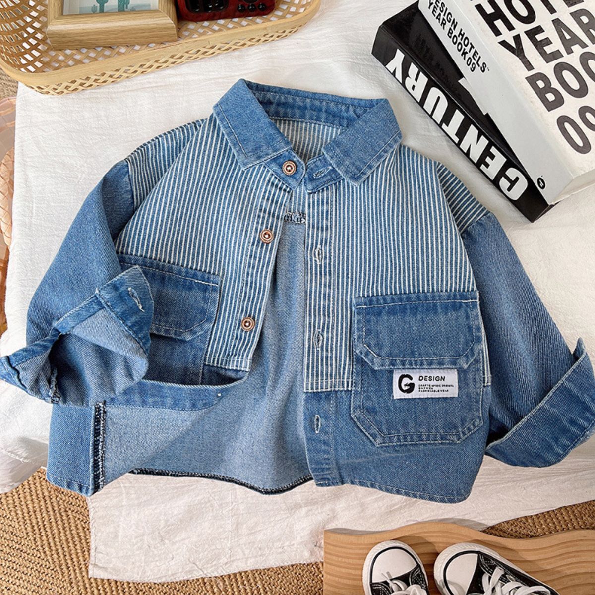 Children's autumn coat new style lapel striped shirt denim boys and girls cardigan outer wear