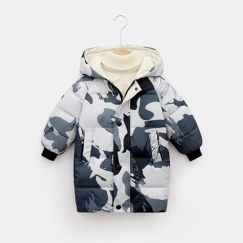 Boys' long winter thickened camouflage down jacket