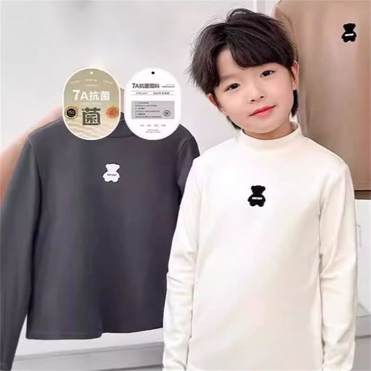 German velvet long-sleeved T-shirt with high collar and bear print, cute solid color bottoming shirt for middle and large children