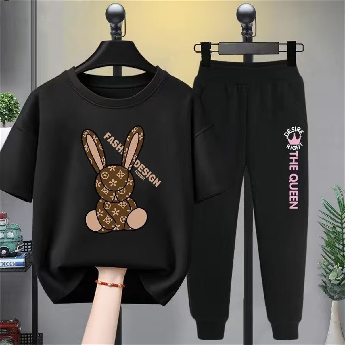 Girls Rabbit Print Casual Suit Big Kids Sports Cuffed Trousers