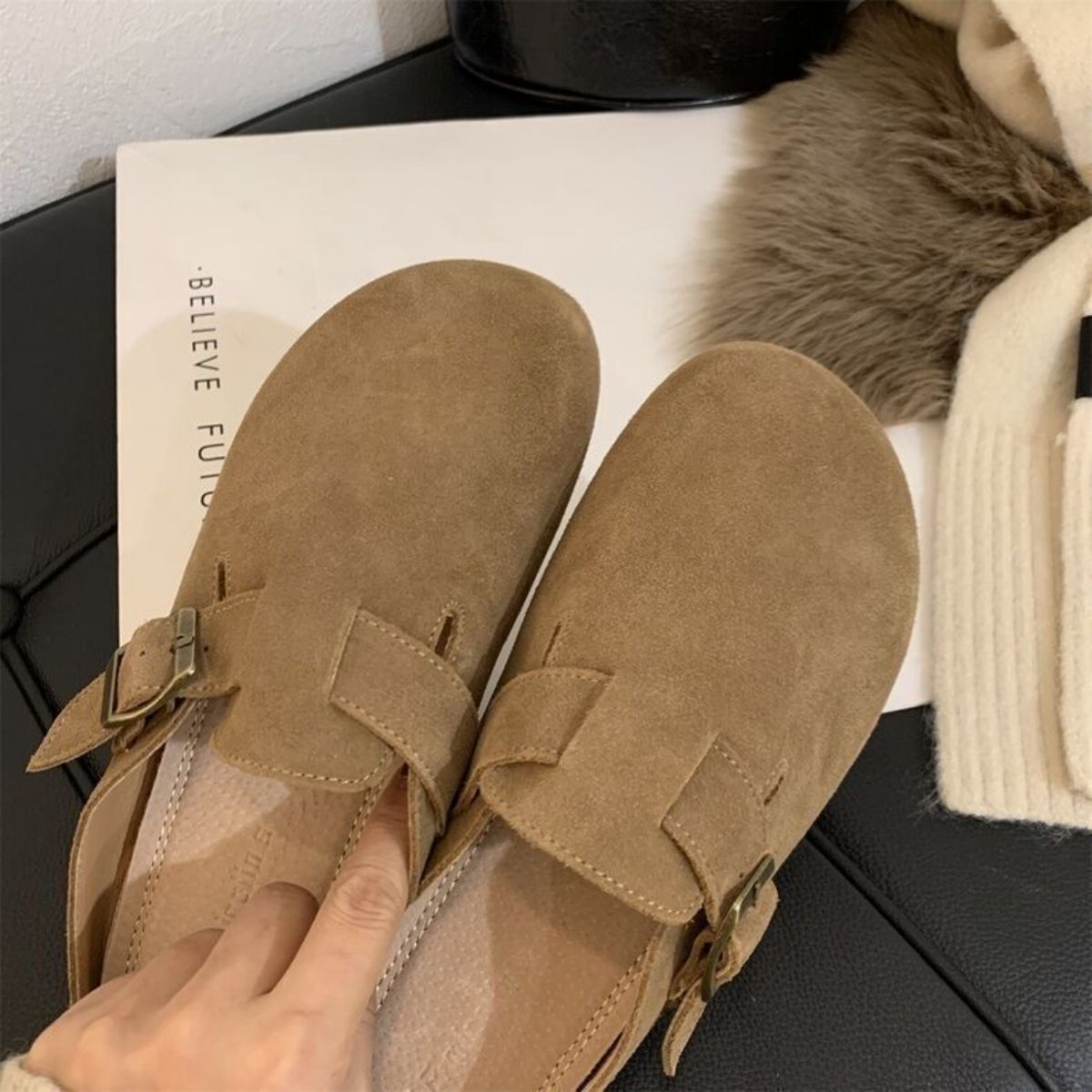 Closed toe soft sole round toe vintage suede Birkenstocks