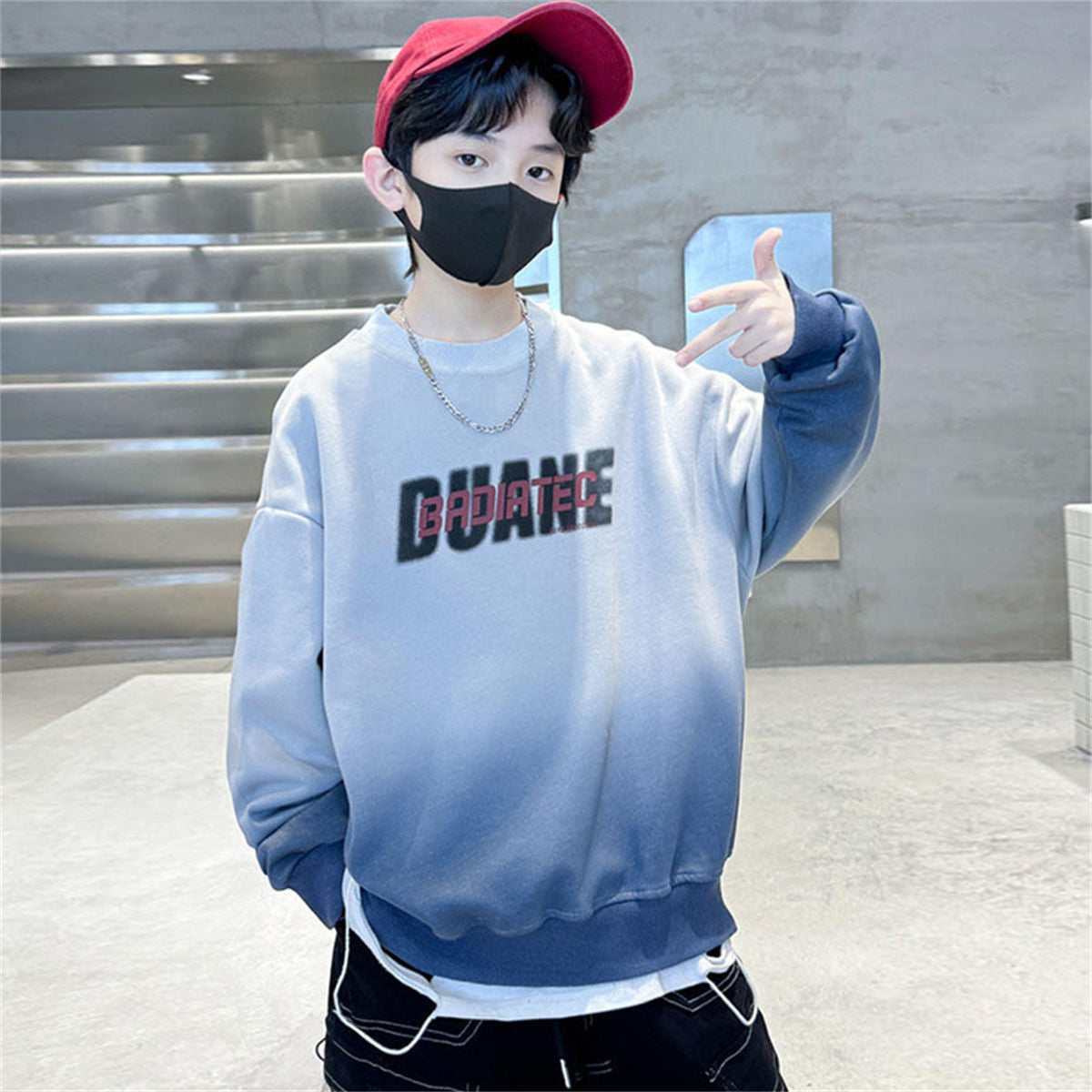 Winter plus velvet printed letter style casual sports style pullover sweatshirt for middle and large boys