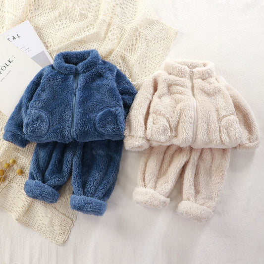 Children's suit autumn and winter boys and girls plush warm two-piece suit