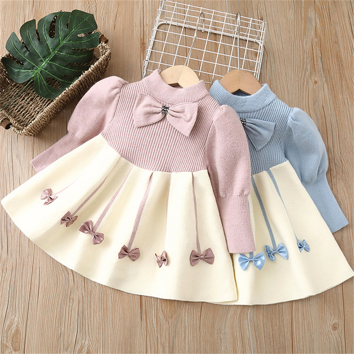 Girls sweater dress children's sweater knitted long skirt autumn and winter new bow small fragrance style sweet princess skirt