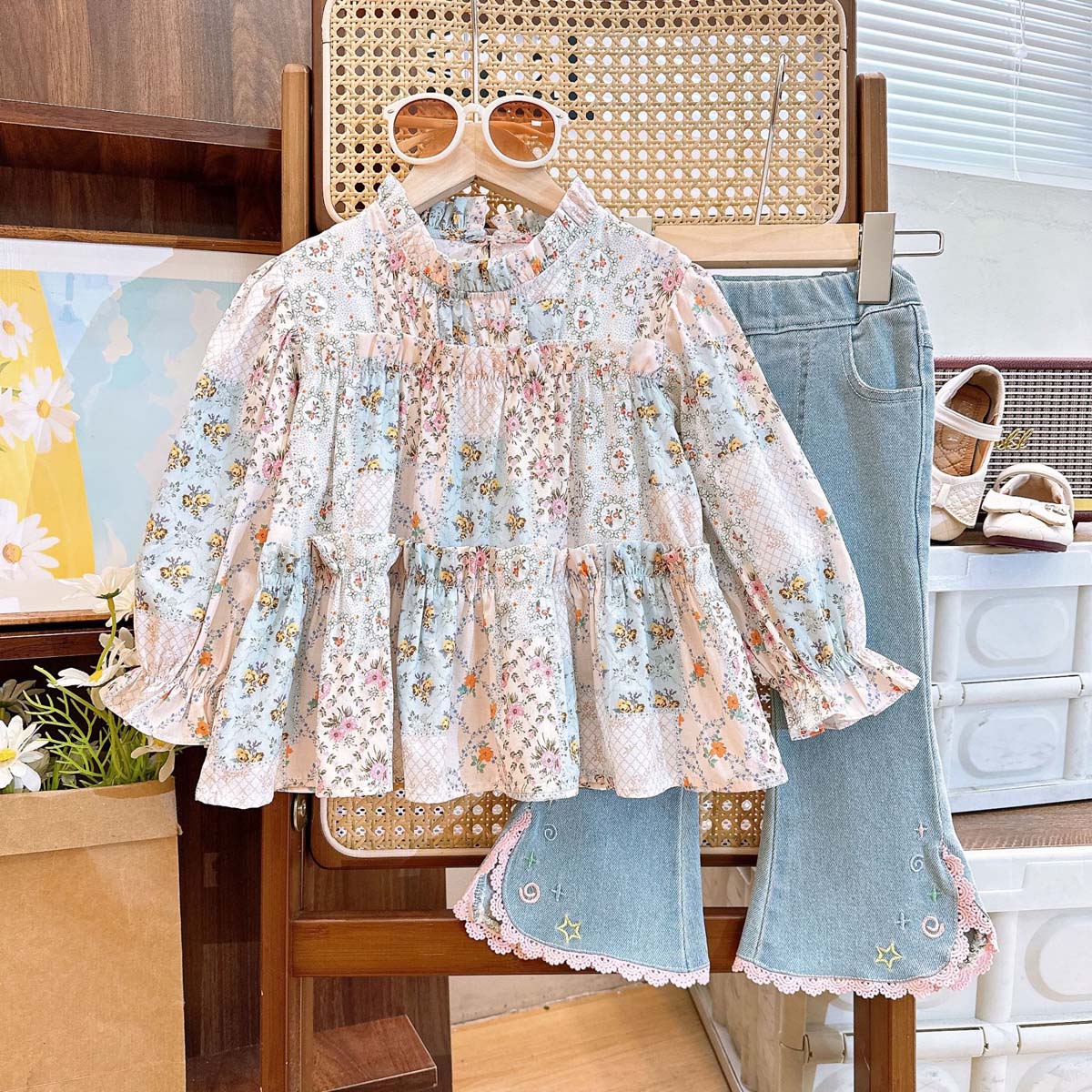 New girls suit cute floral baby shirt top with lace jeans