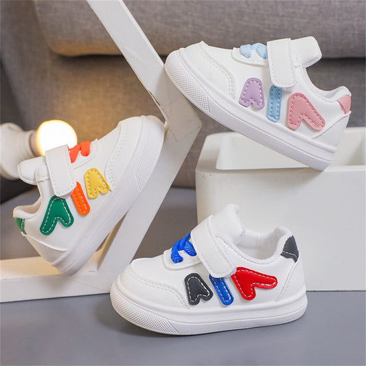 Colorful white shoes for kids and boys, lightweight and versatile, soft-soled low-top sneakers