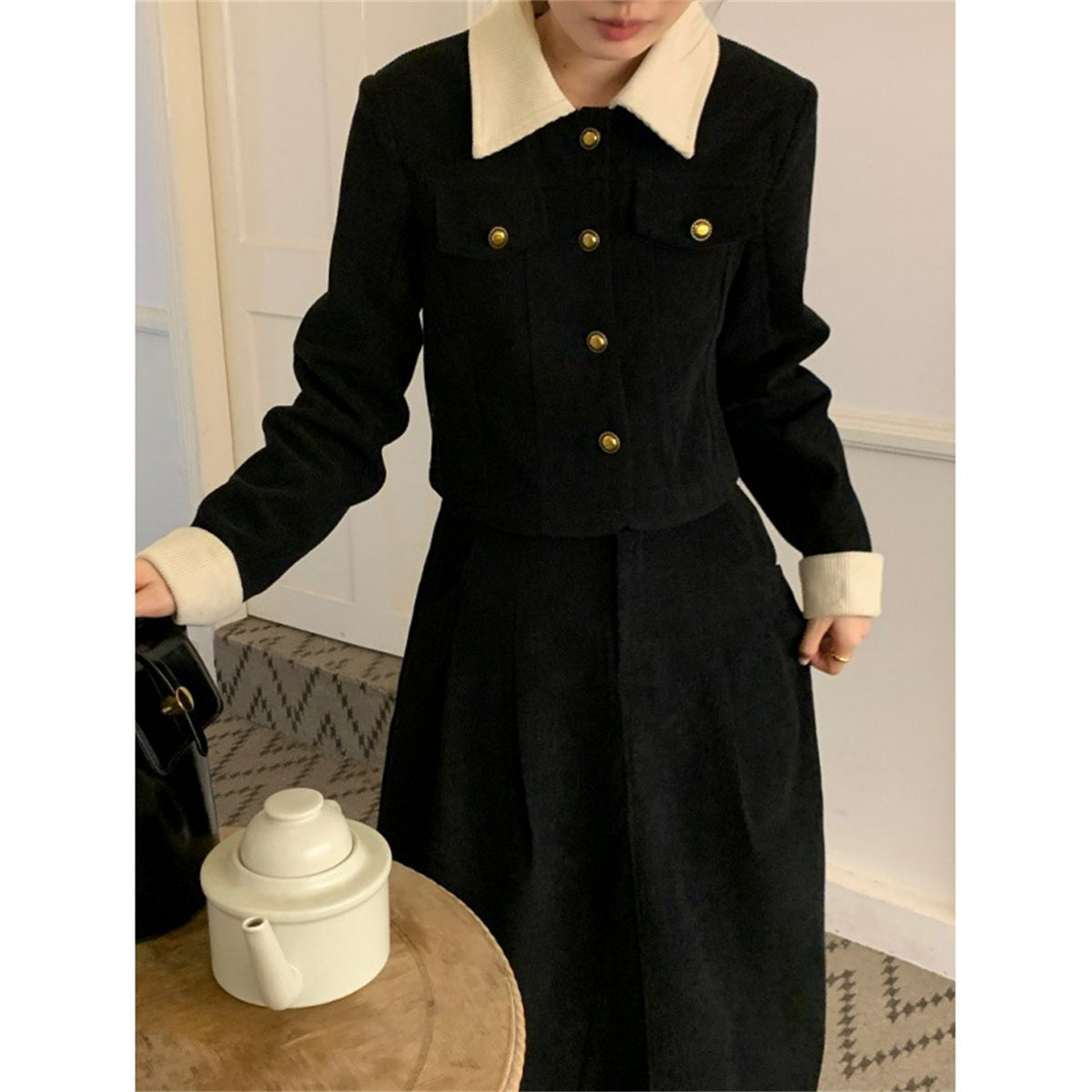 Corduroy contrast lapel short jacket + high waist skirt set