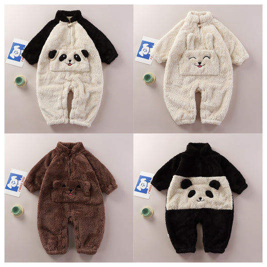 Baby Winter One-Piece Suit Children Cute Cartoon Pajamas Plush Panda Clothes Long Sleeve Romper