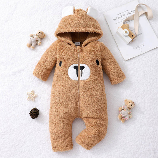 Autumn and winter baby hooded bear shape embroidered zipper jumpsuit