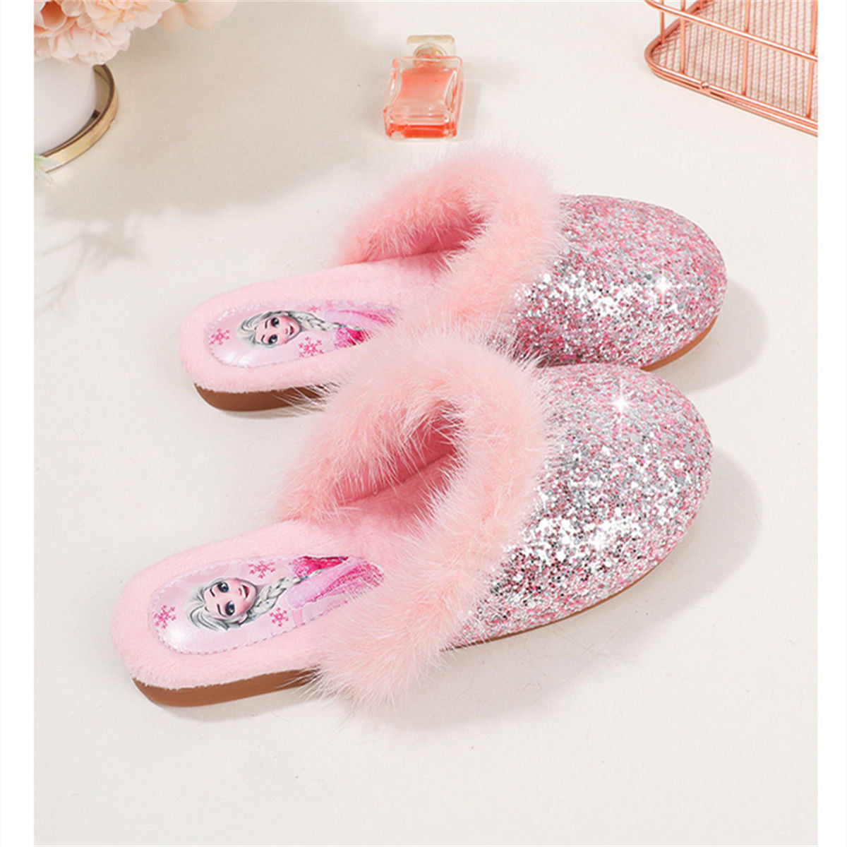 Winter Princess Elsa fur-edged sequined cotton slippers for middle and older girls