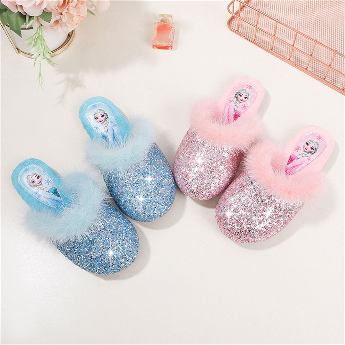 Winter Princess Elsa fur-edged sequined cotton slippers for middle and older girls