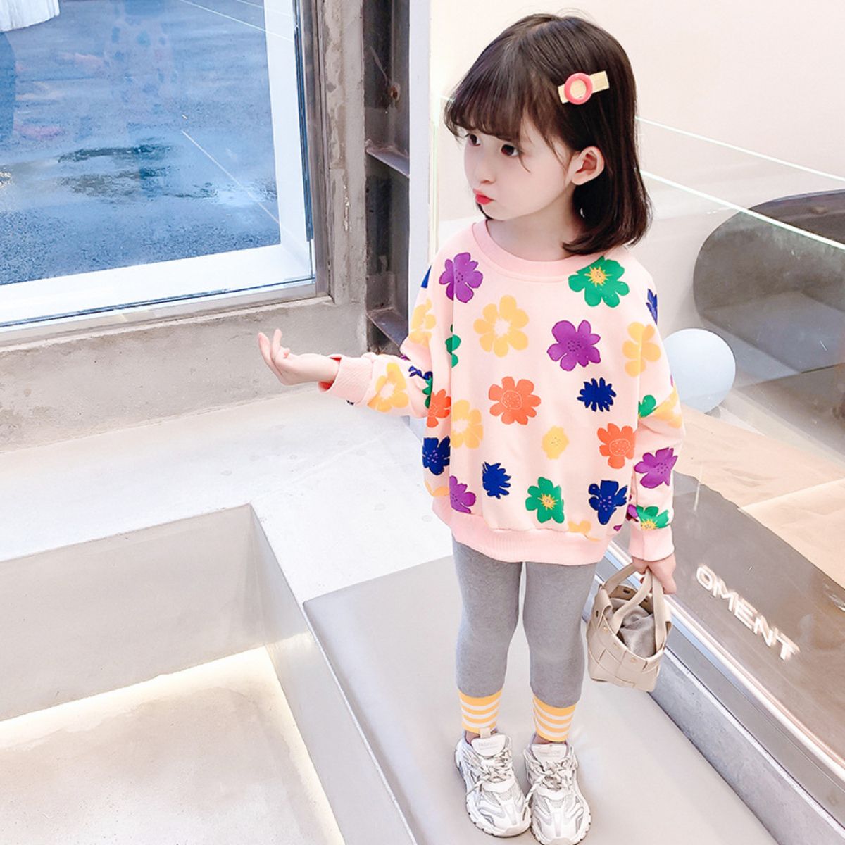 Children's spring and autumn new baby girl fashion cartoon full print flower sweater two-piece set small fresh suit