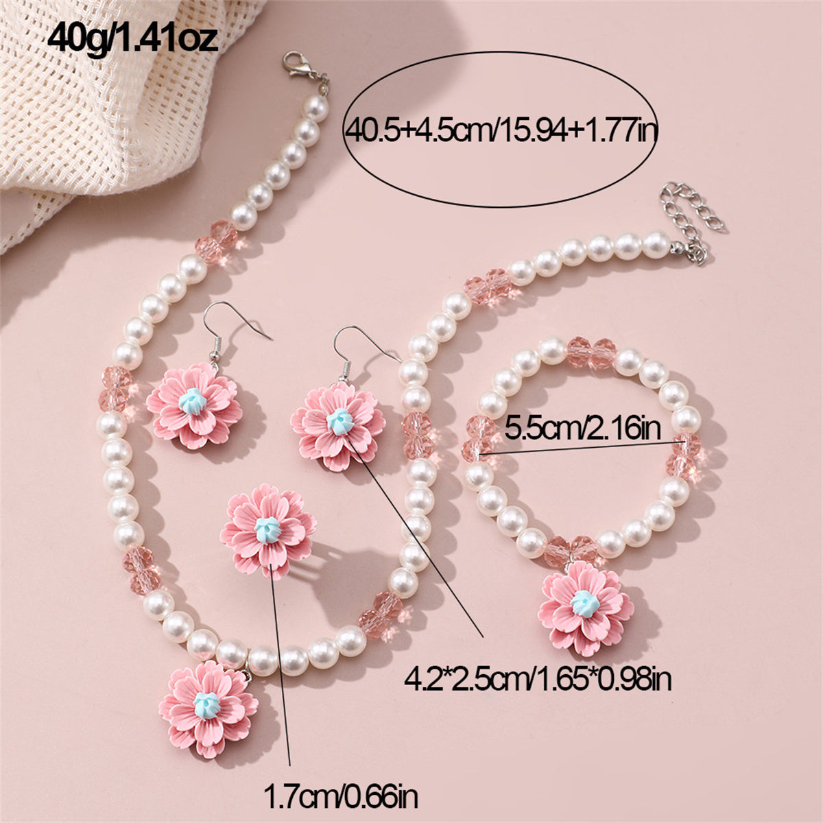 Children's 4-piece design sweet style imitation pearl flower pendant jewelry set