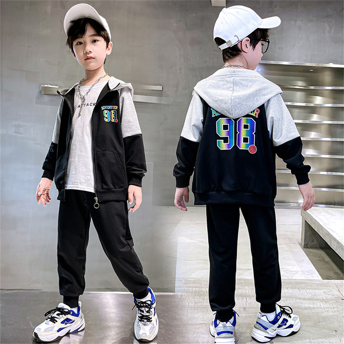 Daily leisure cardigan sweatshirt for middle and large children with hood and casual sports two-piece suit