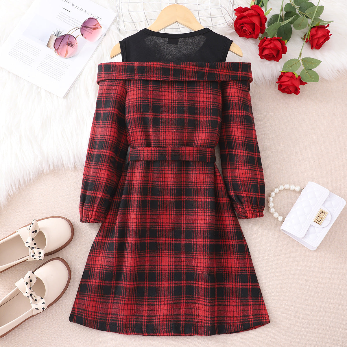 Kid Girl Plaid Patchwork Dew Shoulder Long Sleeve Dress