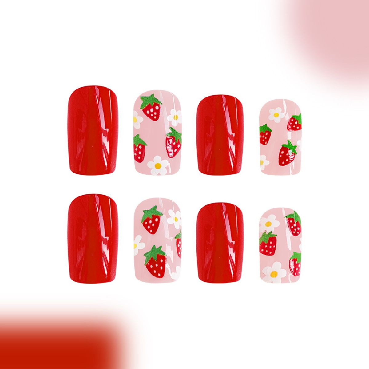 Glossy cute strawberry white flower temperament sweet and versatile nail art piece removable