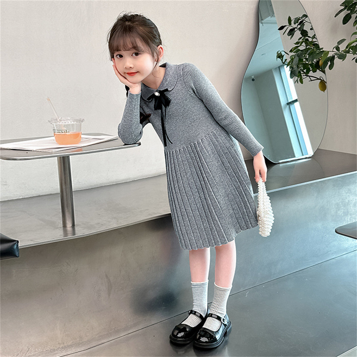 Girls Knitted Dress Cute Doll Collar Sweater Long Dress