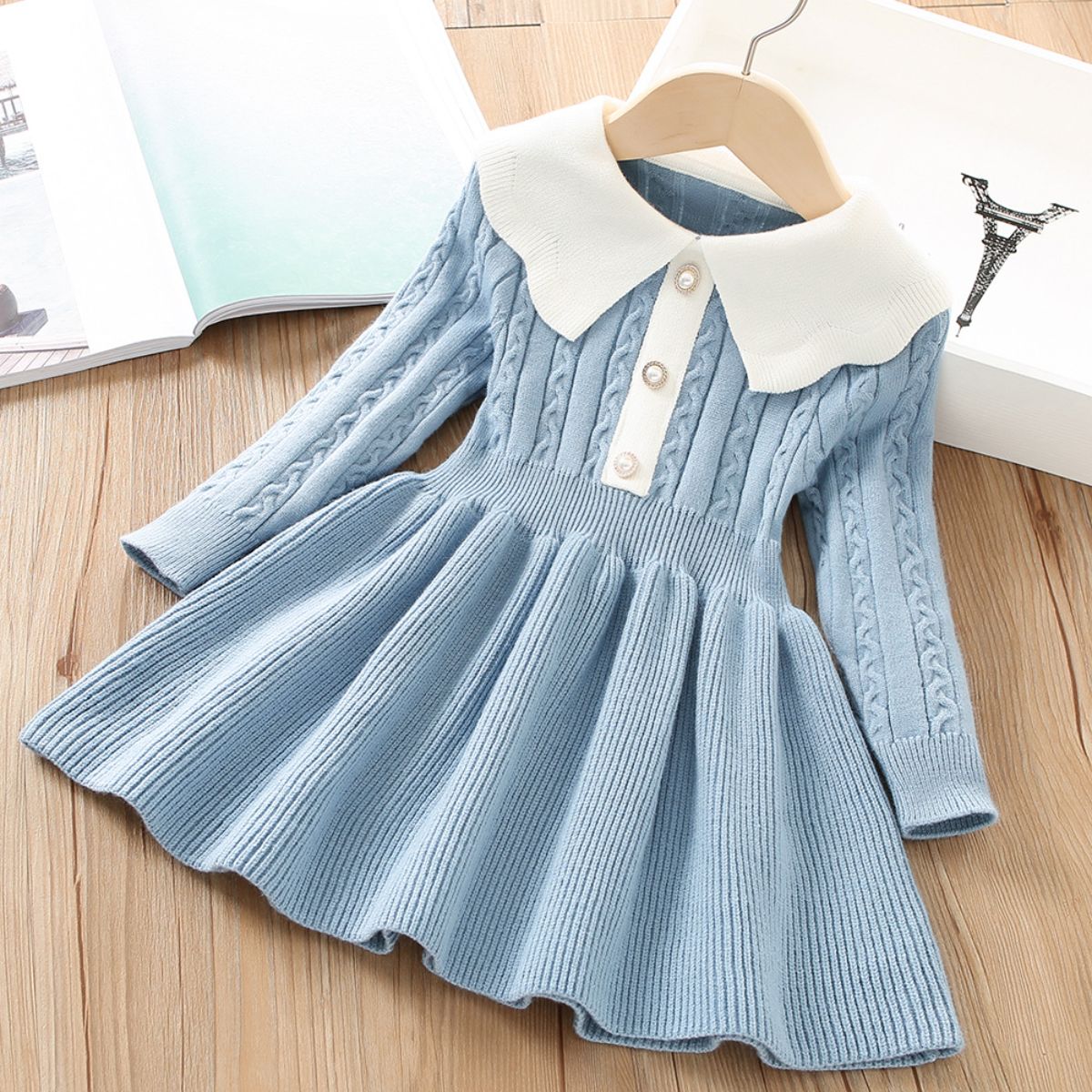 Girls sweater dress 2022 winter new style solid color little girl knitted long-sleeved princess dress