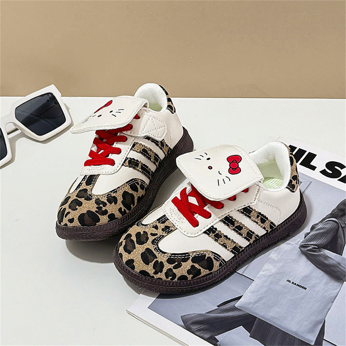 Middle and large girls autumn Kate cat leopard print soft bottom low top canvas shoes