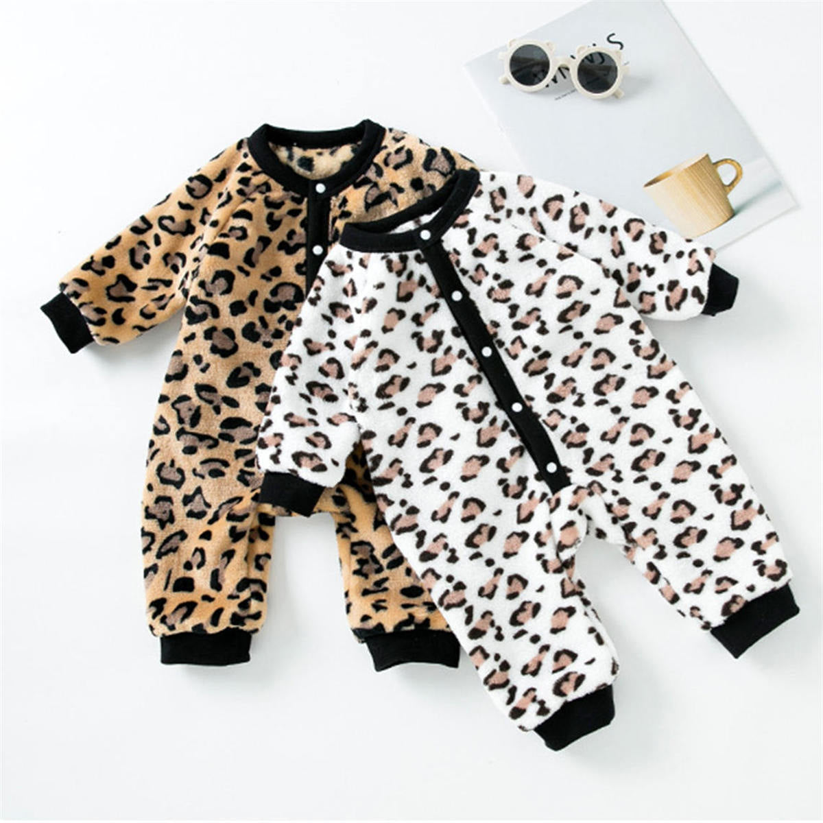 Newborn warm plus fleece long sleeve leopard print jumpsuit