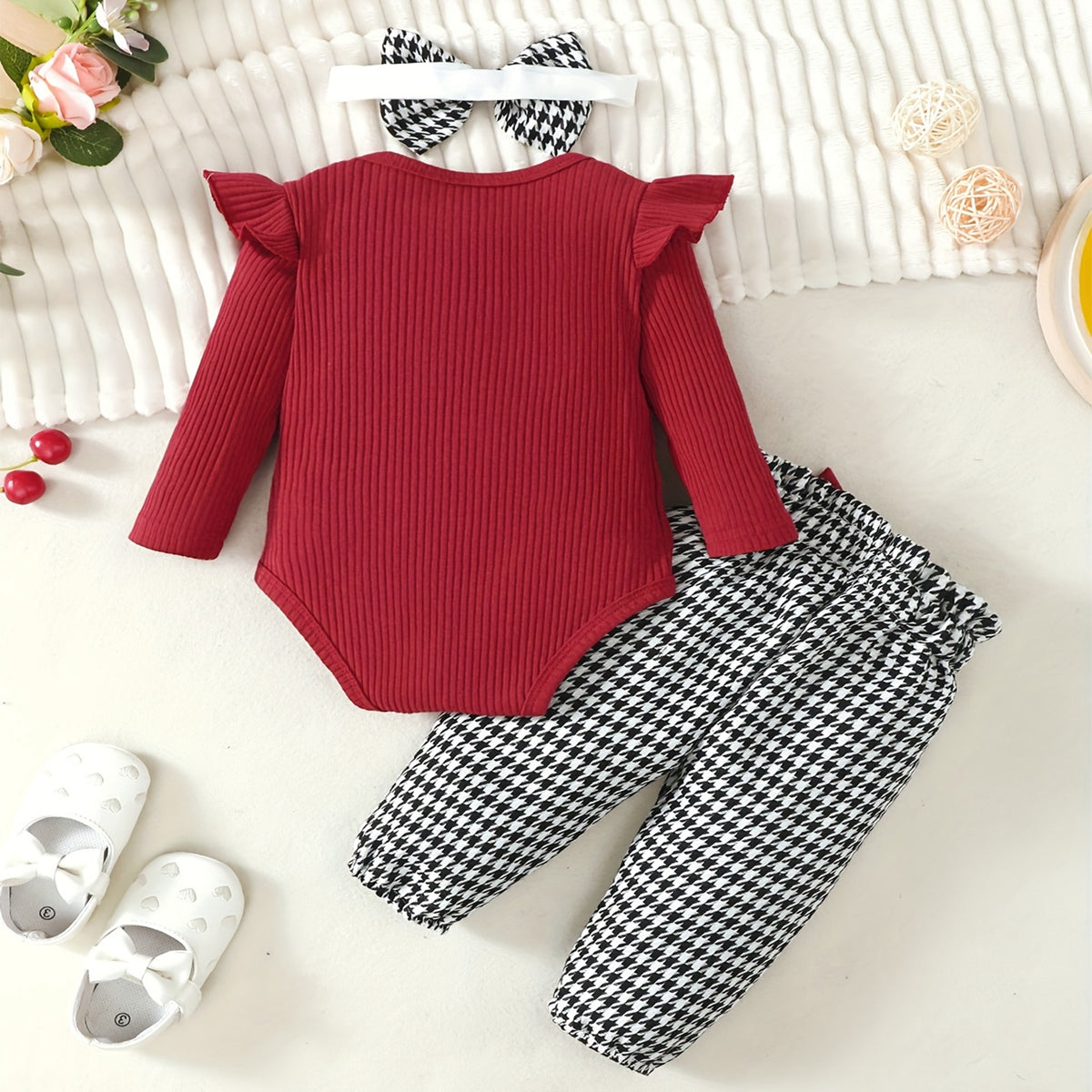 Baby Girls Solid Color Striped Cotton Bodysuit Romper and Houndstooth Trousers Set