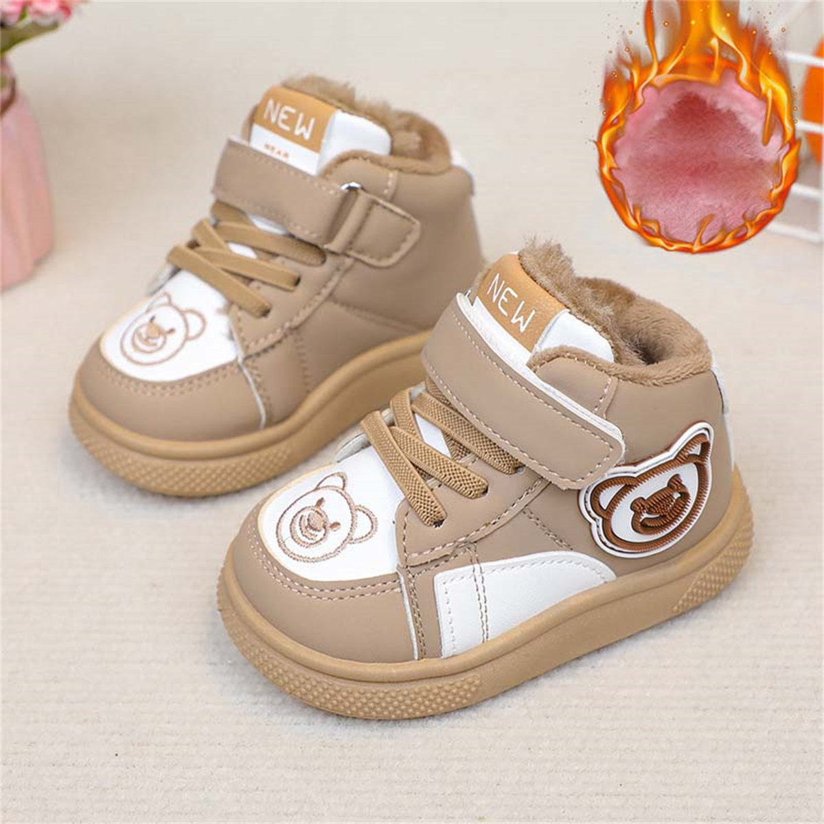 Cute bear warm, wear-resistant and non-slip Velcro cotton boots for boys and girls