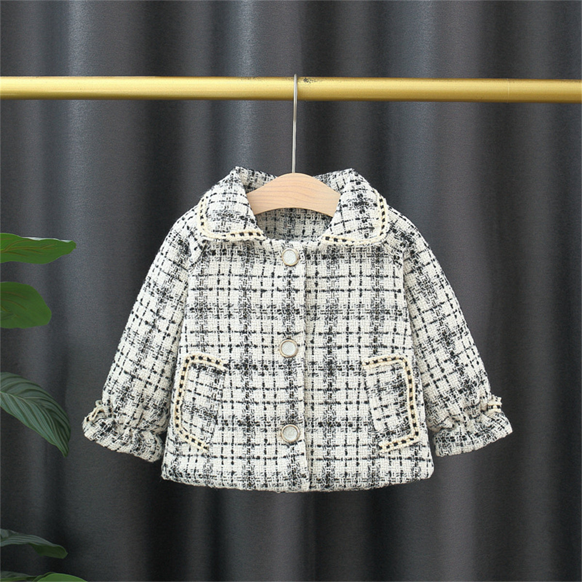 Autumn and winter new plaid small fragrant wind girls lapel edging thickened jacket cardigan