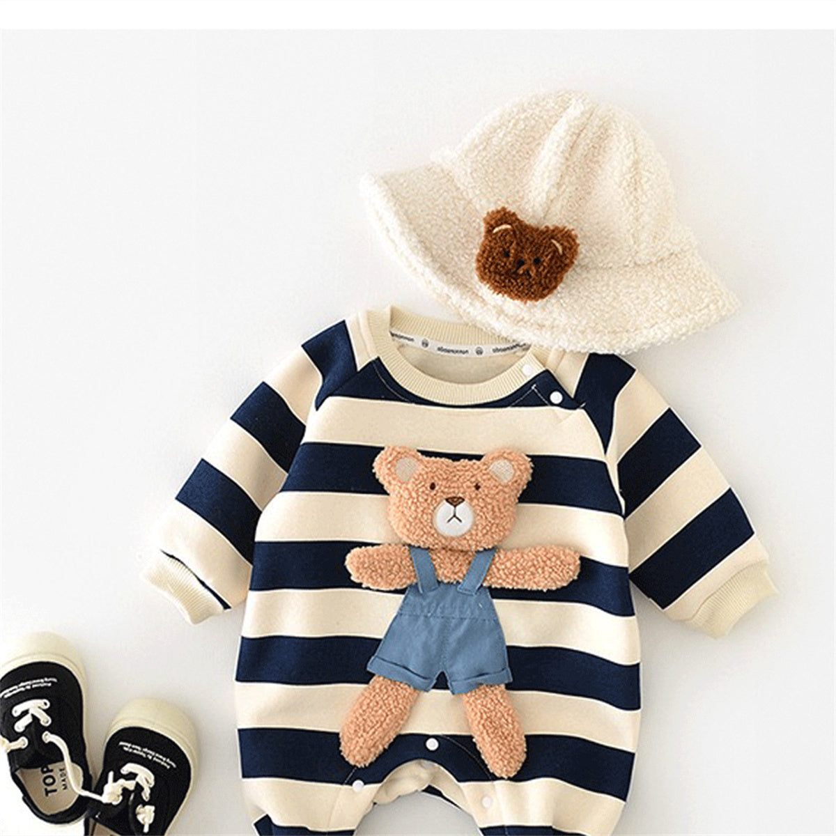 Infant striped fleece thickened bear doll romper