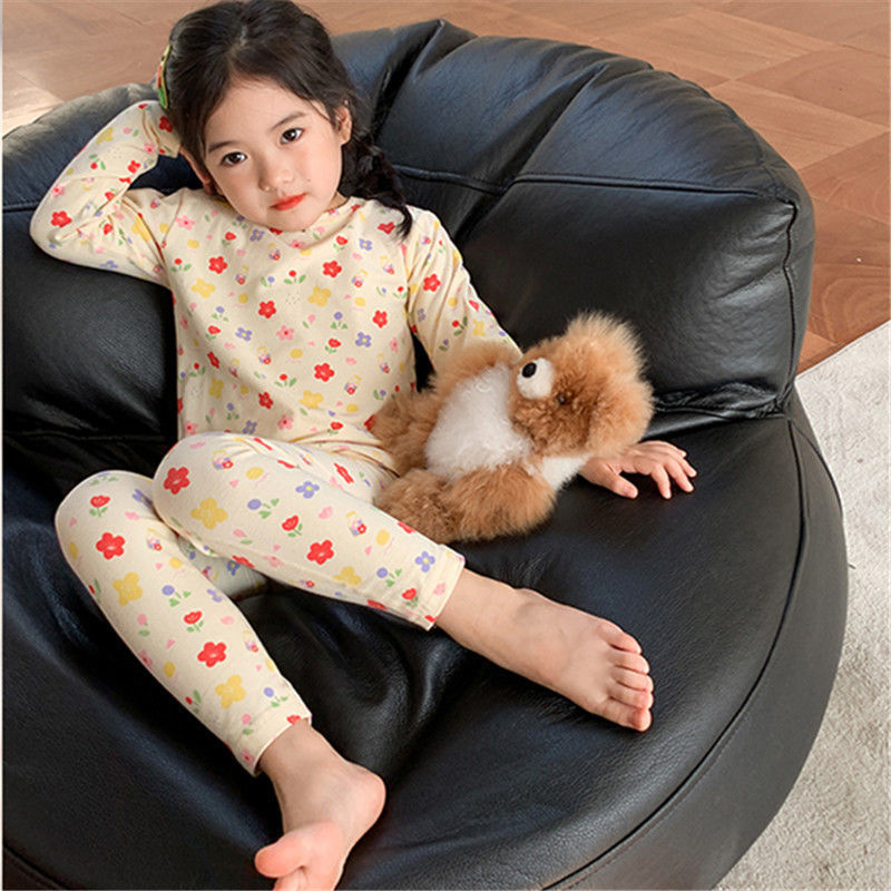 Girls floral home wear long sleeve pajamas warm two piece set