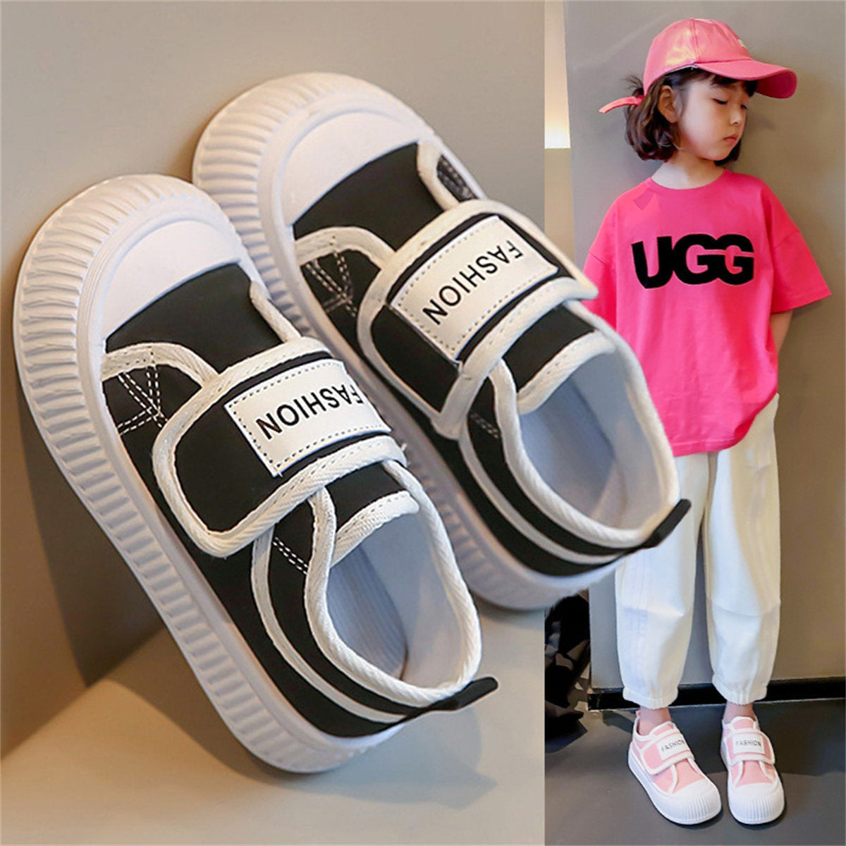 Medium and large girls' soft sole casual style letter style sweet and cool low-top canvas shoes