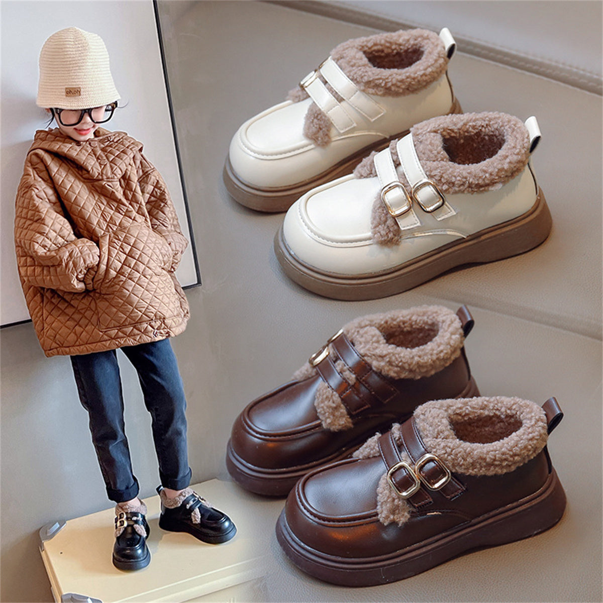 Children's girls' winter style British style plus velvet warm leather shoes low-top cotton shoes