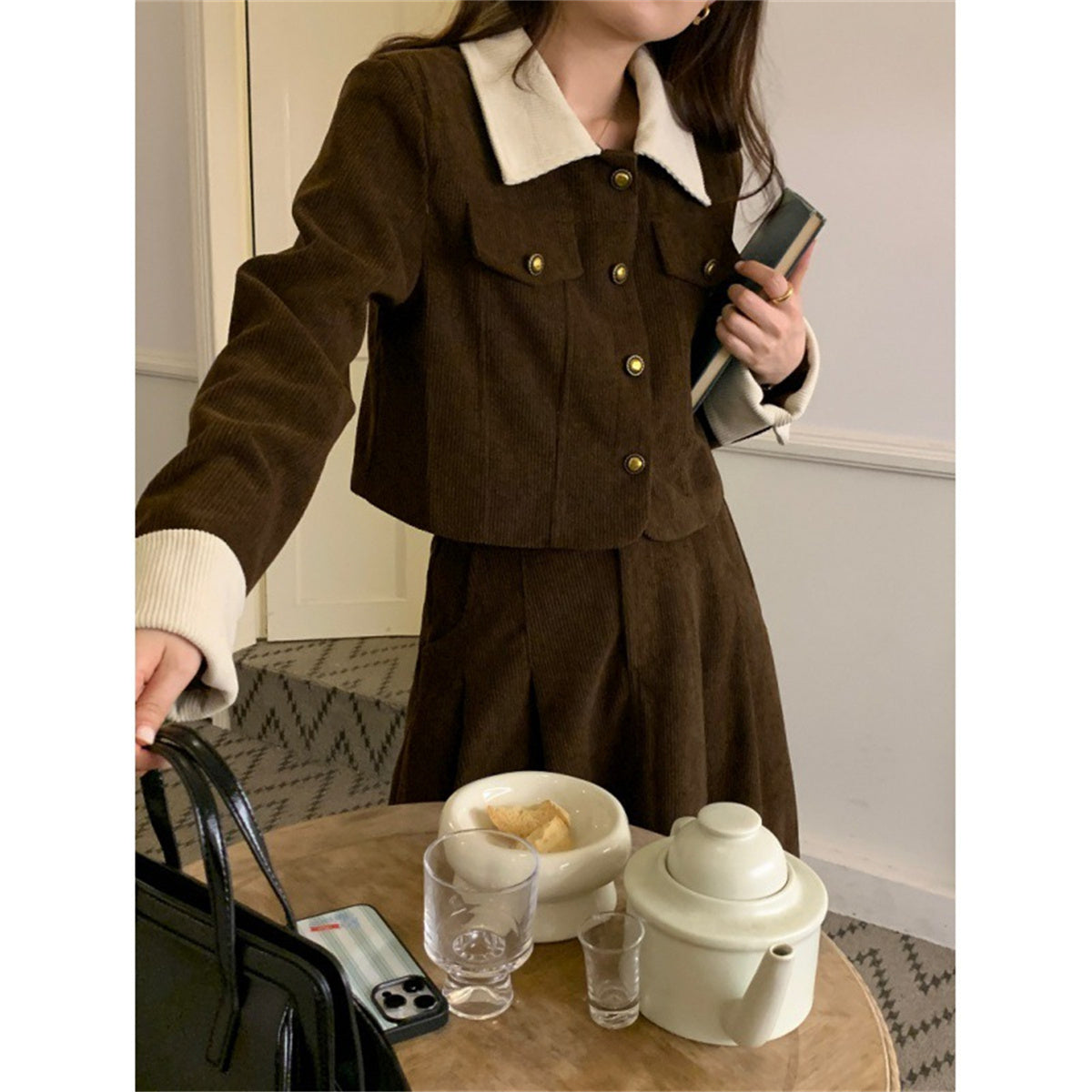 Corduroy contrast lapel short jacket + high waist skirt set