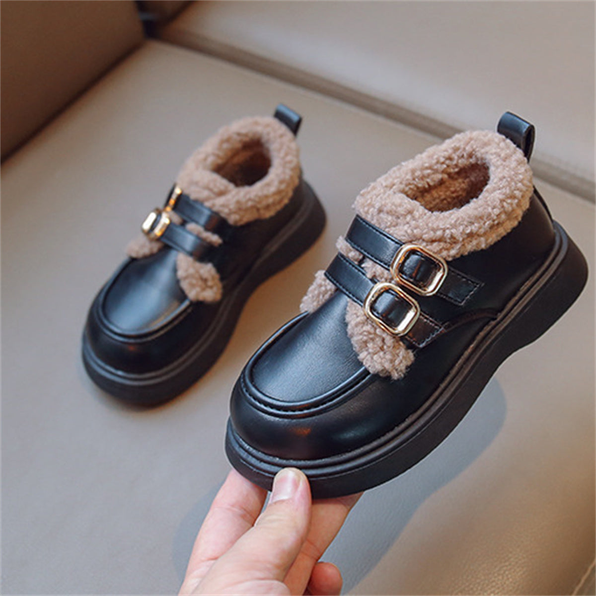 Children's girls' winter style British style plus velvet warm leather shoes low-top cotton shoes