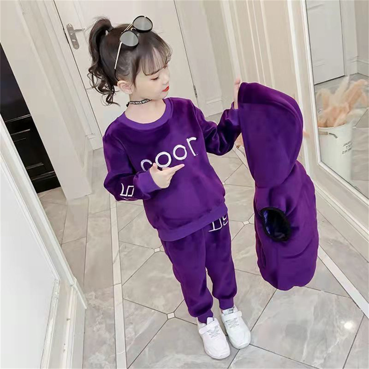 Medium and large girls casual sports style double-faced fleece casual sweatshirt three-piece set