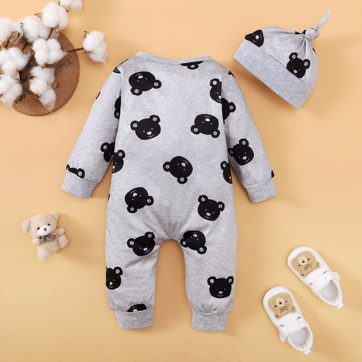 2-piece Baby Boy Allover Bear Printed Long-sleeved Long-leg Romper & Matching Infant Hat