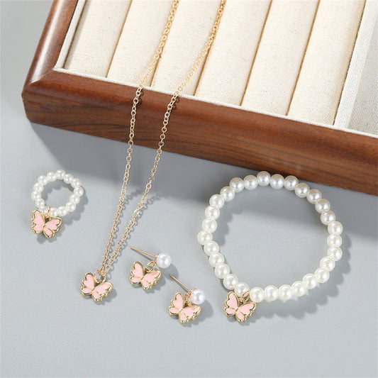 Children's 4-piece temperament creative pearl butterfly jewelry set