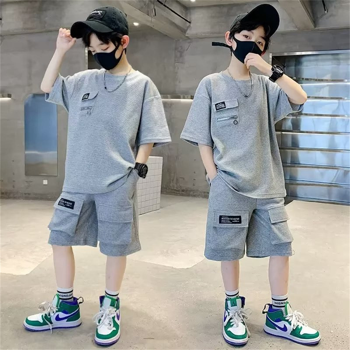 Boys summer suits 2023 new medium and large children's clothing summer boys sports short-sleeved net red fashionable handsome trend