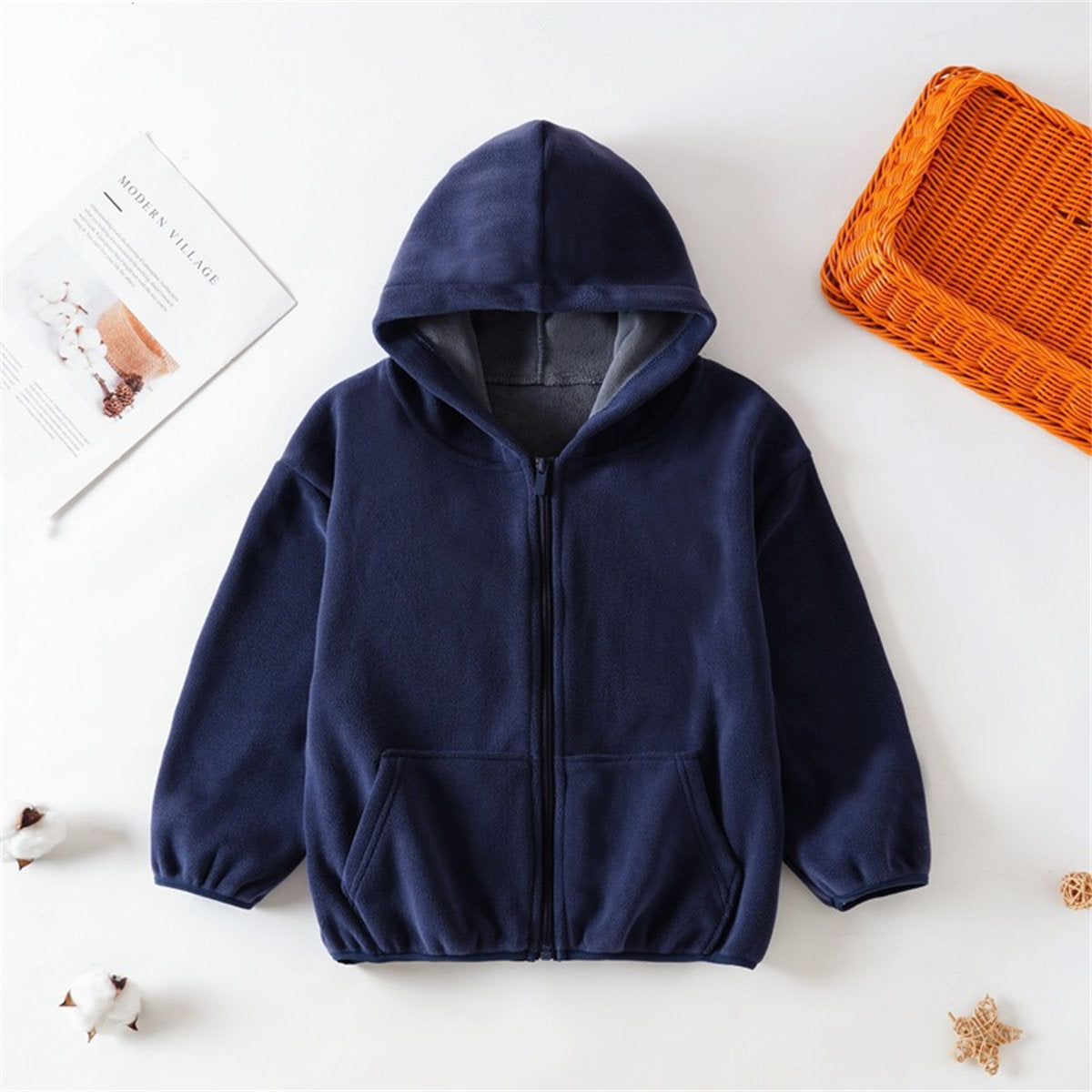 Thickened warm tops for middle and large children in autumn and winter, casual hooded outerwear