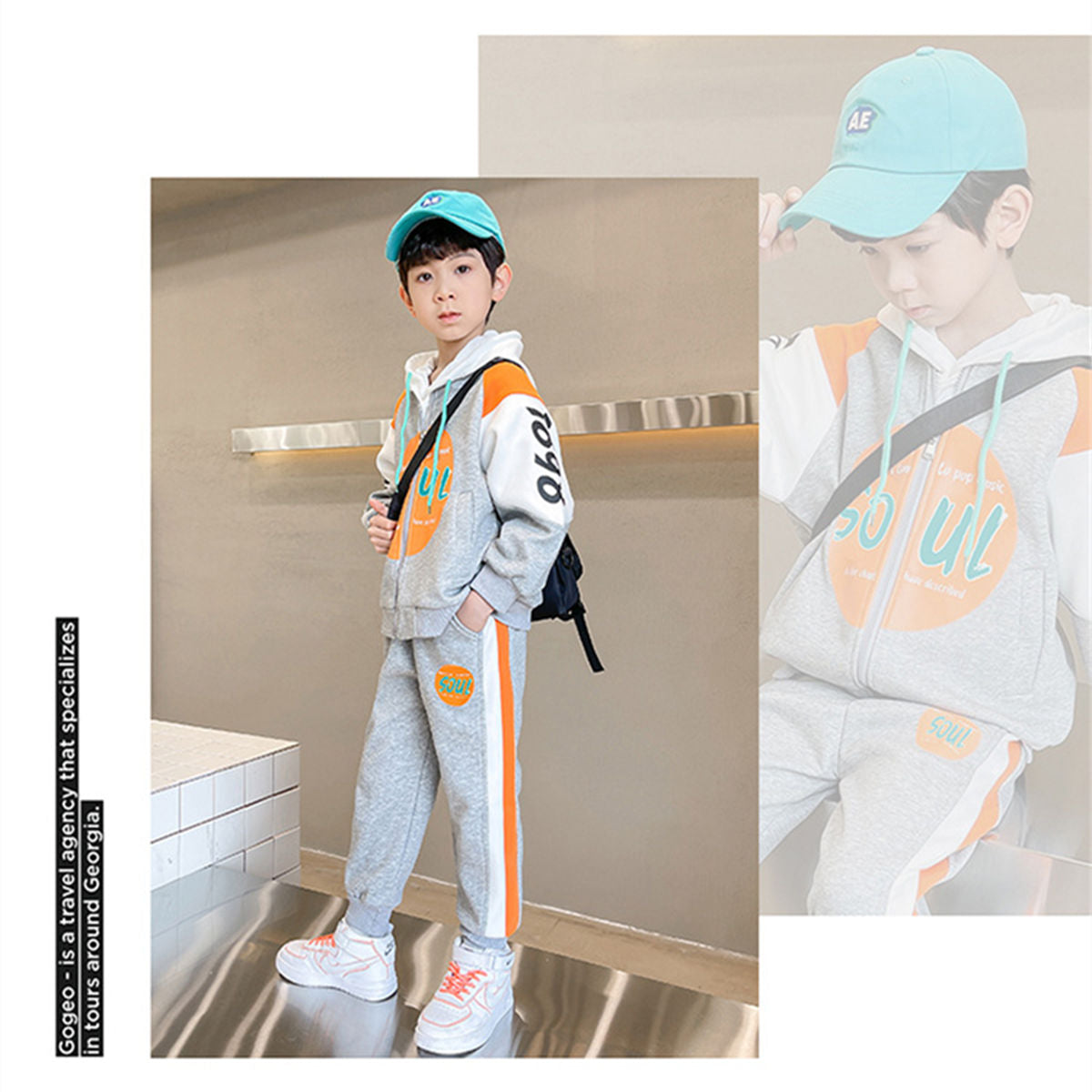 Two-piece color matching sweater suit for middle and large boys in autumn and winter