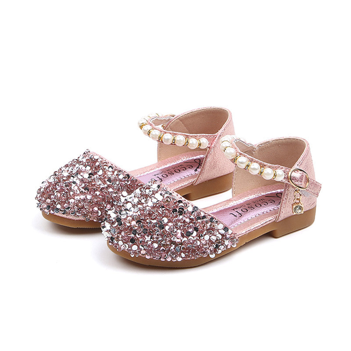 Little girl princess style sequined ladies pearl style sweet flat leather shoes