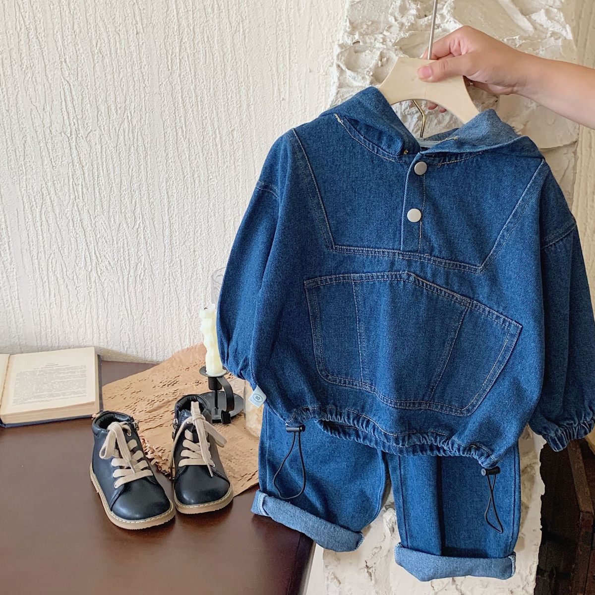 Autumn boys and girls hoodie solid color jeans two-piece set