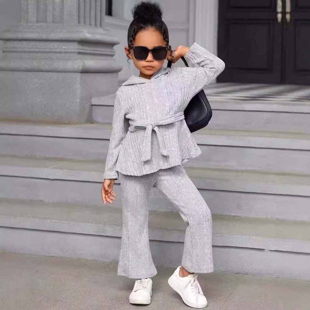 Girls' suit long-sleeved knitted casual pullover multi-color flared trousers sweatshirt two-piece suit