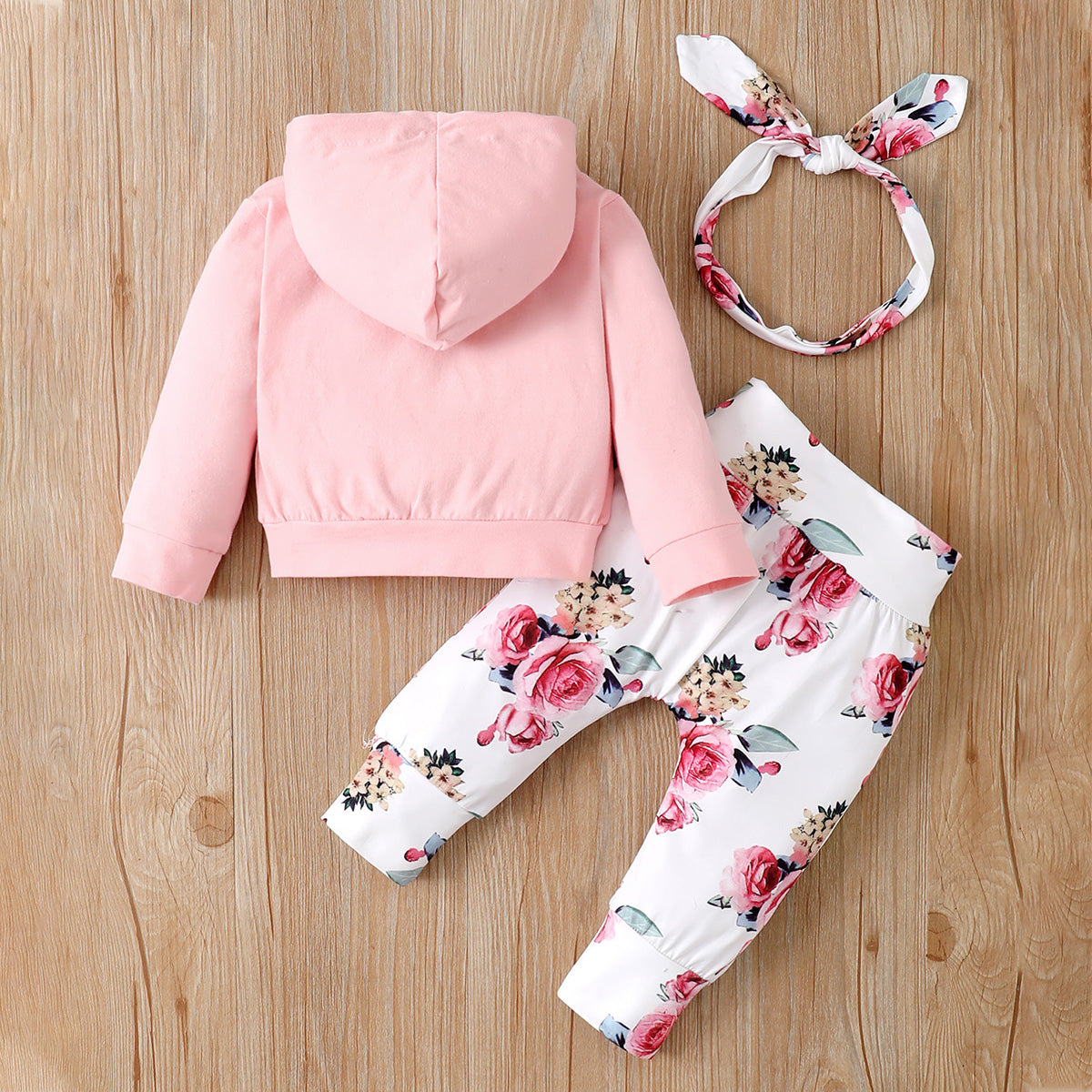 Baby Floral Printed Long-sleeve Hoodie & Pants With Headband