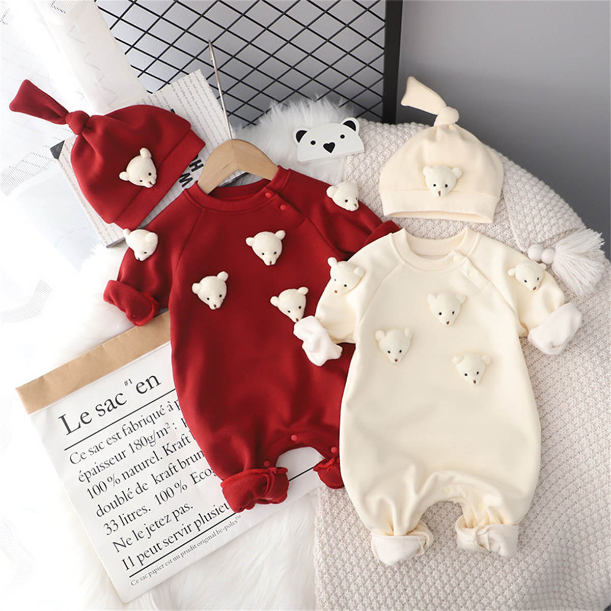 Baby autumn and winter three-dimensional bear plush thick warm jumpsuit