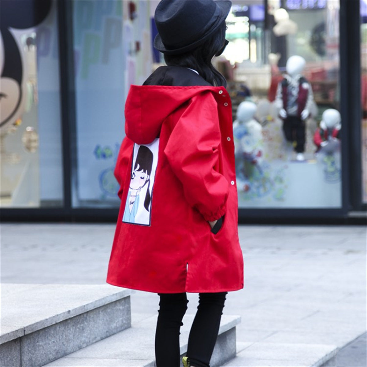 Fashionable long windbreaker for middle and large kids (reversible)