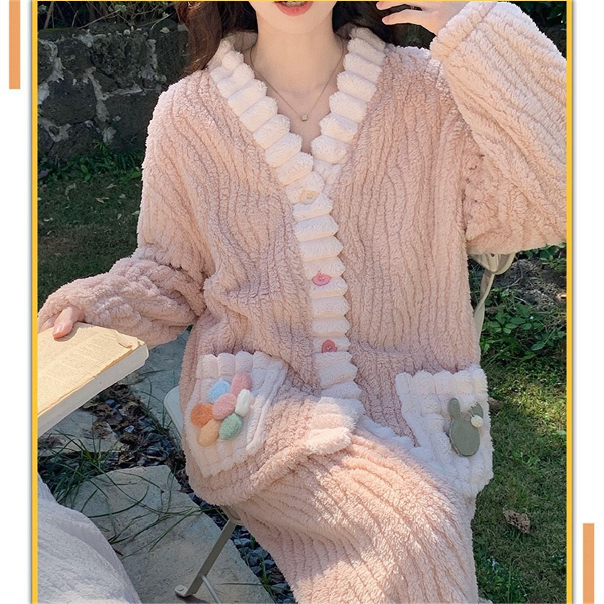 Women's cardigan flannel warm home wear suit