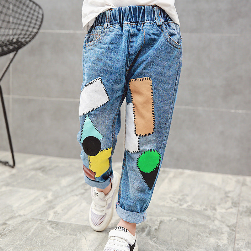 Girls denim skinny pants with print summer casual trousers