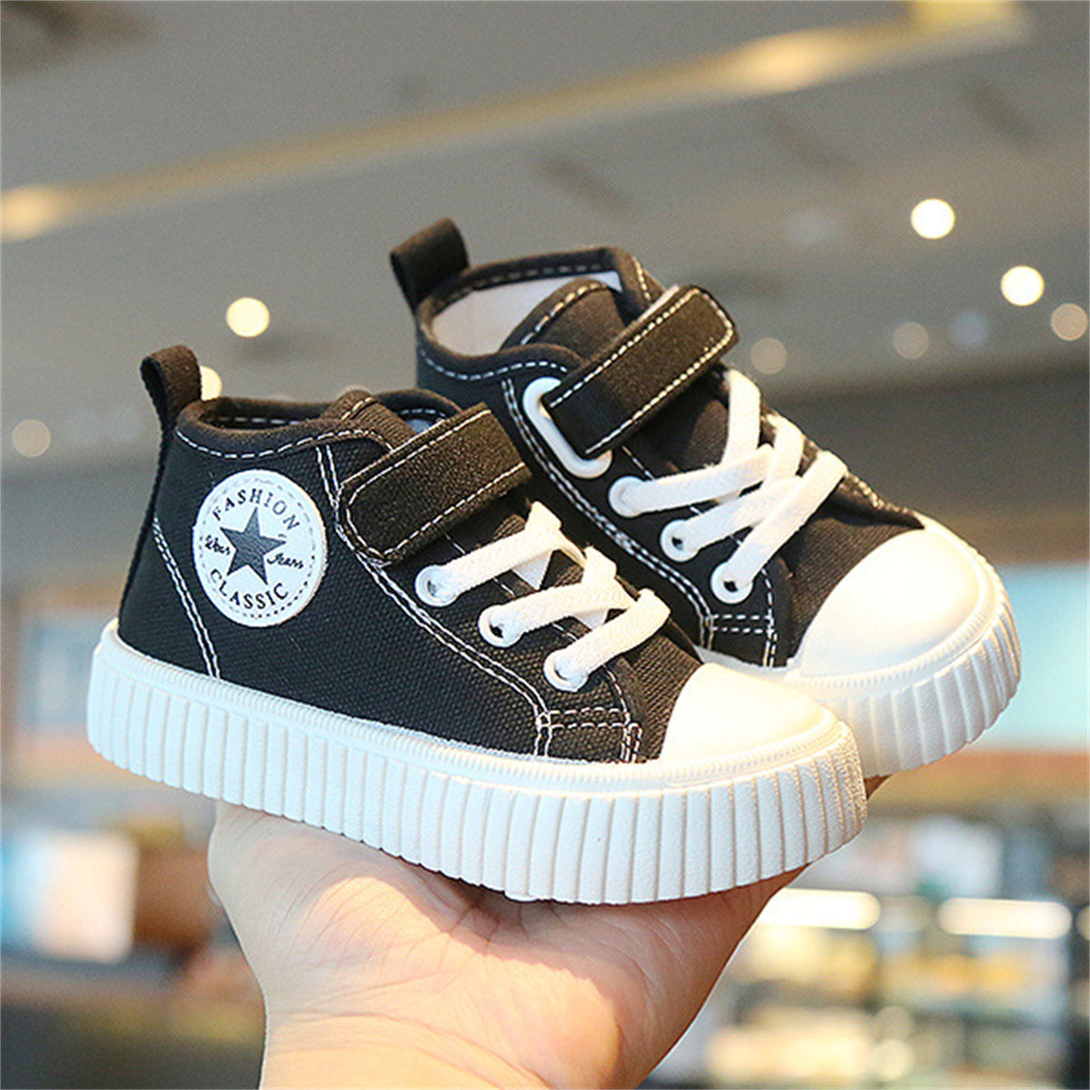 Children's and boys' spring and autumn pure color simple casual style Velcro high-top canvas shoes