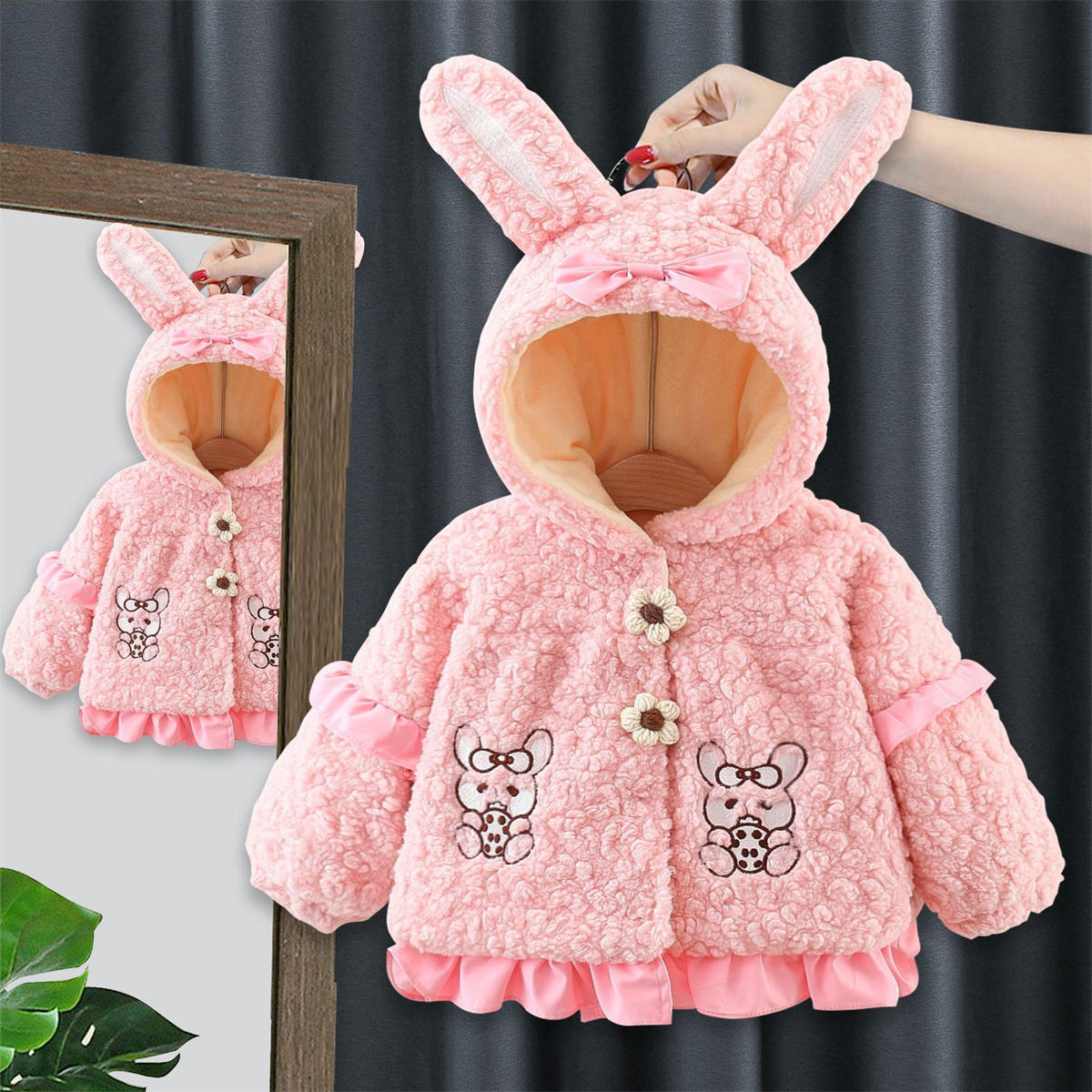 Girls autumn and winter plush rabbit hat coat cotton coat